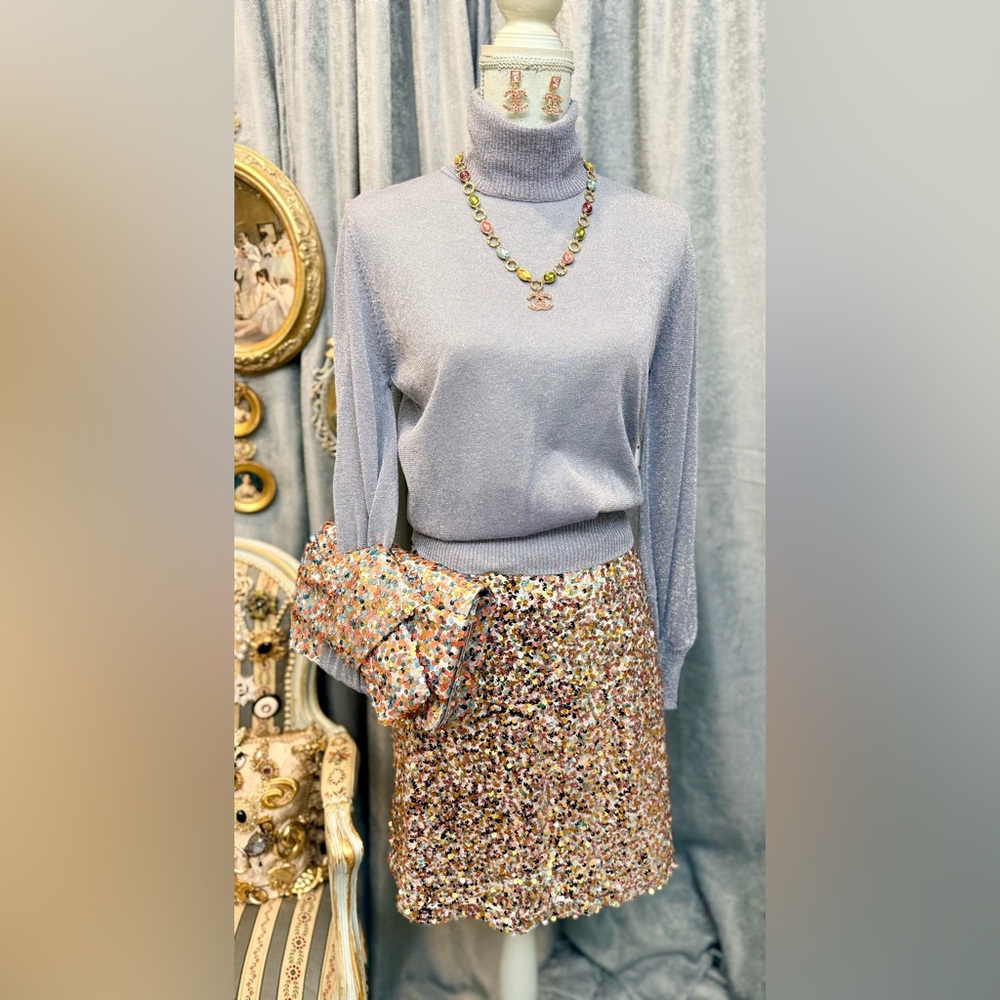 Sequin Skirt with Turtleneck, Bag